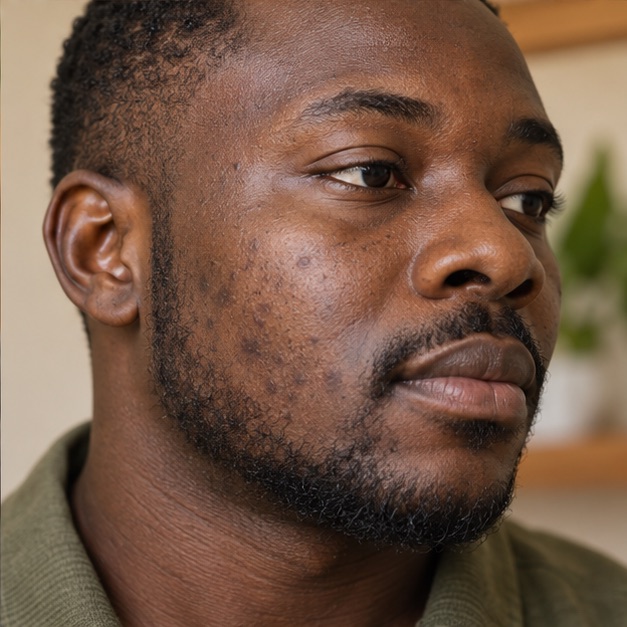 A man’s face showing natural skin texture